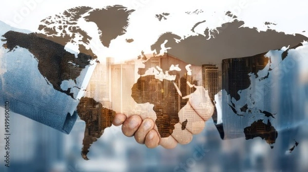 Obraz Two business people shake hands with world map and tall buildings behind, showing global partnership and city business deal concept