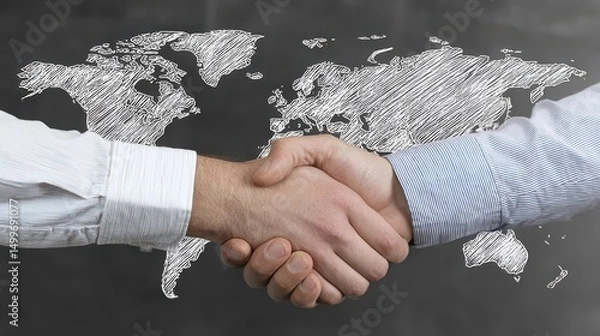 Obraz Men shake hands in front of drawn world map on chalkboard, symbolizing planning, global reach, and cooperation