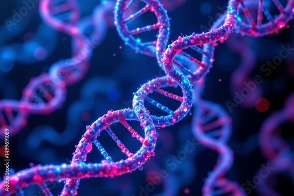 Fototapeta vivid illustration of glowing blue and pink dna strands intertwined, showcasing their structure, subject positioned at the top with clear copy space at the bottom.