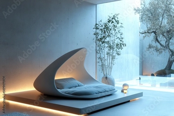 Fototapeta Modern minimalist bedroom design with futuristic bed and zen garden view