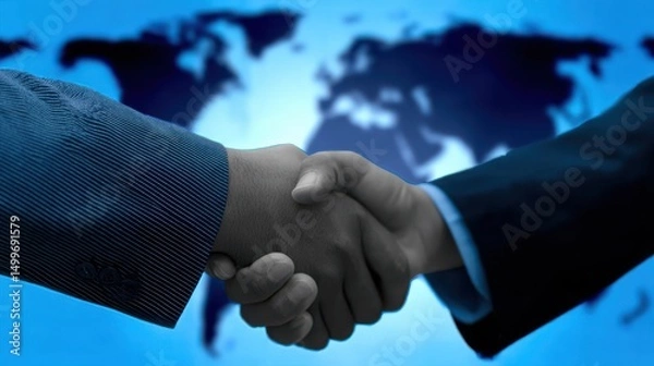 Obraz Two businessmen shaking hands with world map in background, showing global handshake and strong business cooperation links