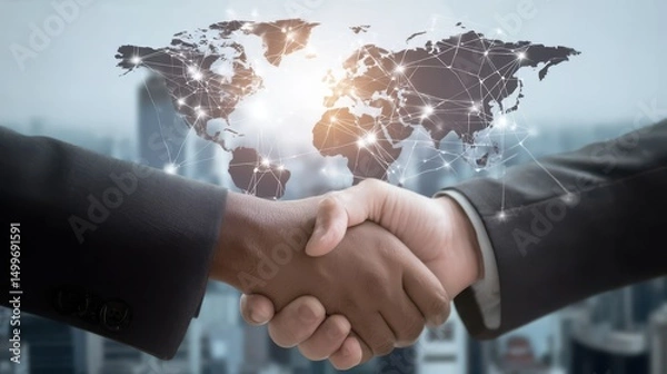 Obraz Business handshake with global map network and city behind, symbolizing business agreement and international cooperation