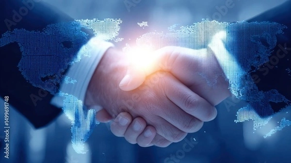 Obraz Digital illustration of businessmen shaking hands with world map behind, highlighting global handshake and business cooperation themes