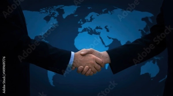 Obraz Two businessmen shaking hands on dark blue background with world map, representing business cooperation and global handshake