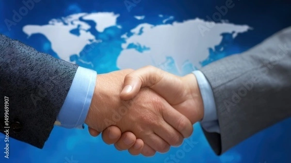 Obraz Two business people shaking hands with world map against blue backdrop, showing global handshake and international business agreement