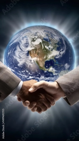 Obraz Two business people shaking hands with earth behind them, showing business cooperation and global handshake in a worldwide agreement