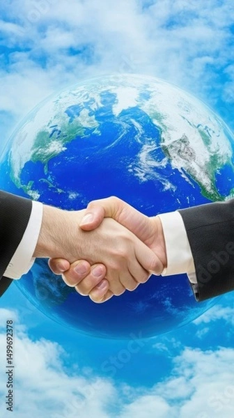 Obraz Handshake between two businesspeople with blue earth behind, representing global handshake and business cooperation on a worldwide level