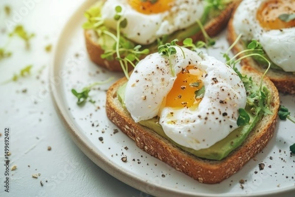 Fototapeta Delicious poached eggs avocado toast breakfast