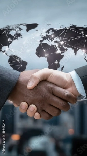 Obraz Business handshake with a global network background, showing business agreement and global handshake in worldwide cooperation