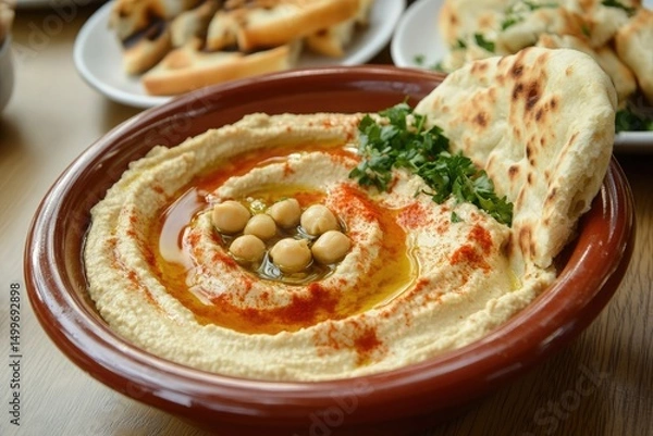 Fototapeta Delicious hummus with chickpeas olive oil and pita bread