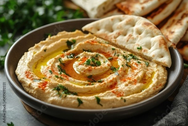 Fototapeta Delicious creamy hummus with pita bread and spices