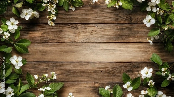 Fototapeta Rustic wooden background with old wood texture and green leaves with white flowers framing the edges