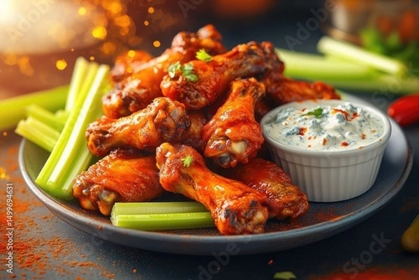 Fototapeta Delicious spicy buffalo chicken wings with celery and dip