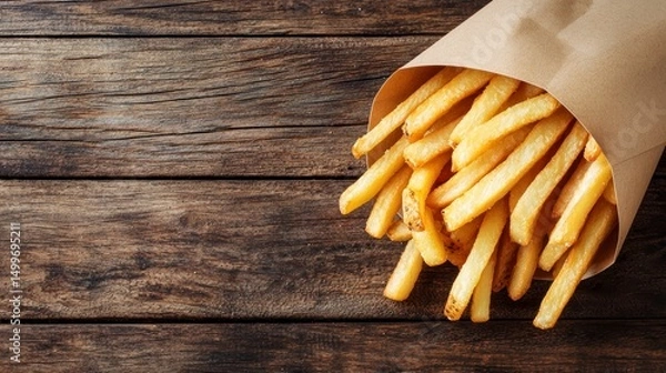 Fototapeta Top view of French fries in a paper bag on a wooden table
