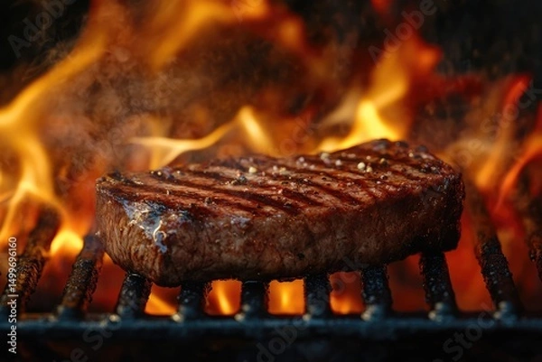 Fototapeta Grilled steak on barbecue grill with flames