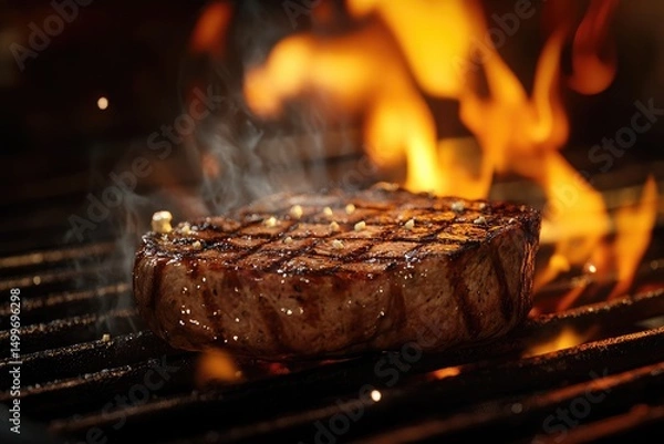 Fototapeta Juicy grilled steak on a hot bbq grill with flames