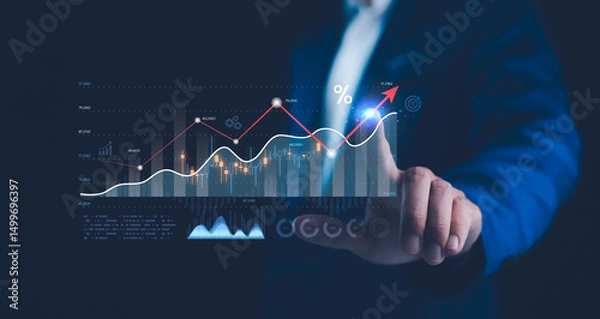 Fototapeta Businessman hand pointing ROI graph, symbolizing smart investment strategies using digital technology and financial planning tools. Ideal for fintech, personal finance, 2025 business analysis topics.