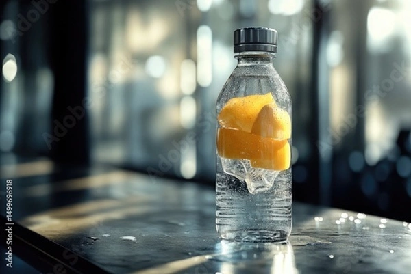 Fototapeta Refreshing lemon water in glass bottle on table