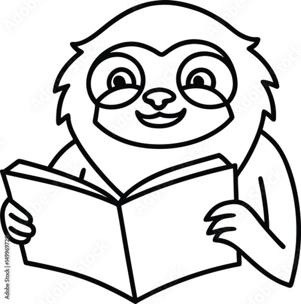 Fototapeta Cute cartoon sloth smiling while reading a book black and white outline illustration