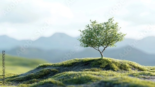 Fototapeta A small tree on a grassy hill with a blue sky and distant mountains