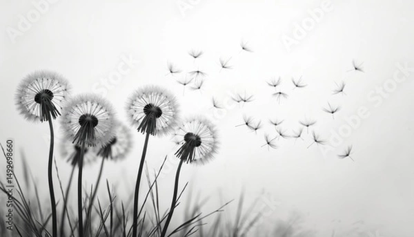 Fototapeta Black, white illustration of dandelions. Seeds blown by wind. Group of plants, freedom, movement, growth, summer, concept of nature, botany. Abstract minimalistic picture for calm design, print, card.
