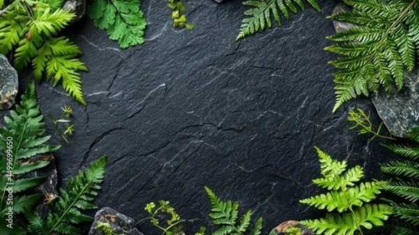 Fototapeta Vibrant green ferns and pine leaves frame a textured black slate background