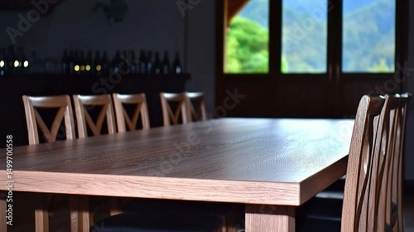 Obraz Rustic Wooden Table with Mountain View.