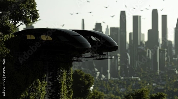 Obraz Futuristic Trains with City Skyline.