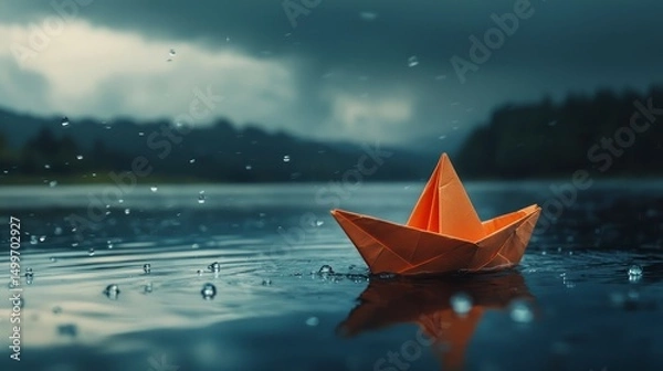 Fototapeta An orange paper boat floating on water with raindrops falling around it