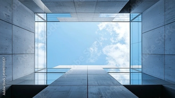 Fototapeta Upward view of modern building with glass windows and blue sky