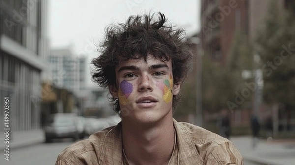 Obraz Young man with city street, and painted face.