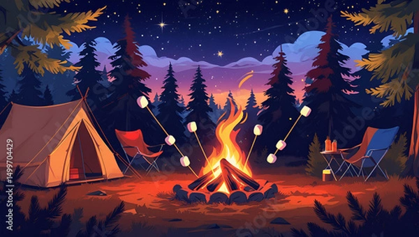 Obraz Cozy Campfire Night with Tent and Marshmallows Under Starry Sky