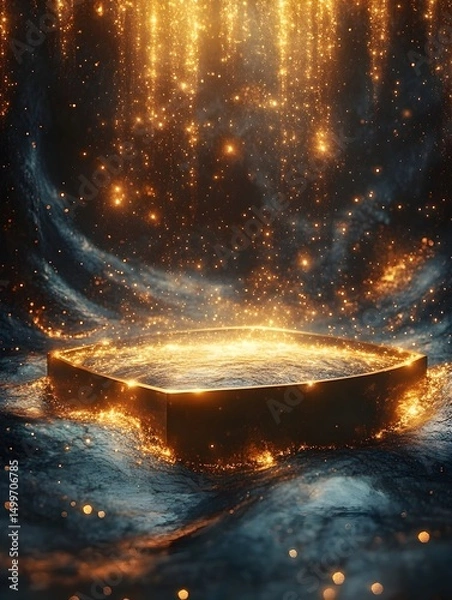 Fototapeta A dark, luxurious scene with a gold hexagonal platform bathed in warm, glittering light, reminiscent of falling stars or cosmic dust on a draped backdrop
