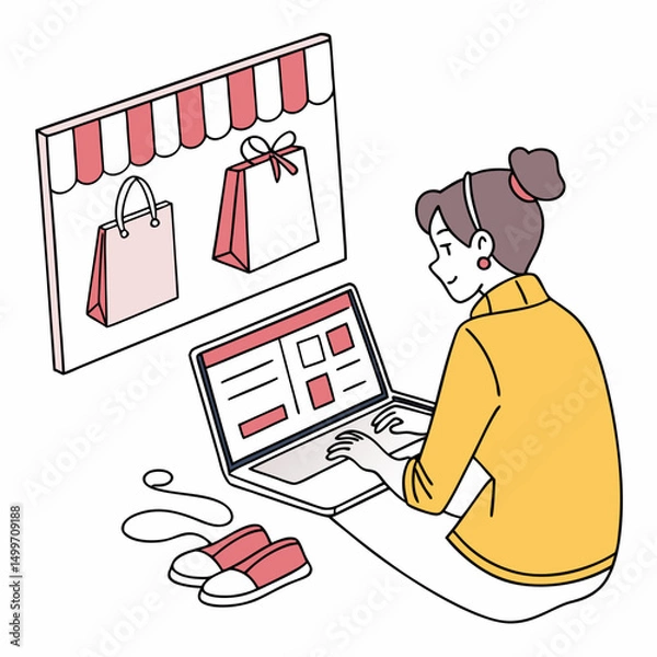 Fototapeta Woman online shopping using laptop at home comfortable clothes
