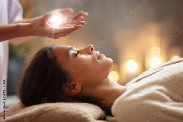 Fototapeta Therapist channeling energy to patient during reiki healing session in spa salon with candles in background