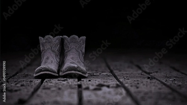 Obraz Dusty Cowboy Boots on Wood.