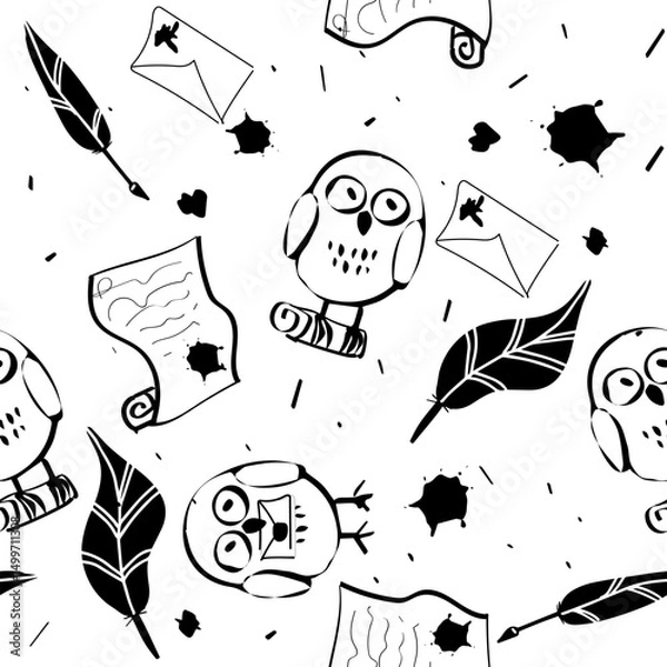 Fototapeta Magic quill owls and parchment pattern seamlless textile design