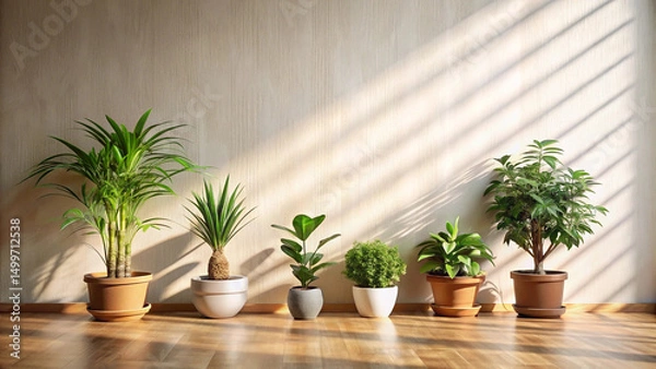 Obraz Indoor home scene with plants in pots. Sunlight casts shadows on light wooden surface, wall. Minimalist design with clean lines, empty space. Ideal for zoom background home decor inspiration. Fresh