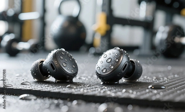 Fototapeta Modern Sweatproof Noise-Canceling Earbuds with Water Droplets on Dark Fitness Mat in Gym Setting