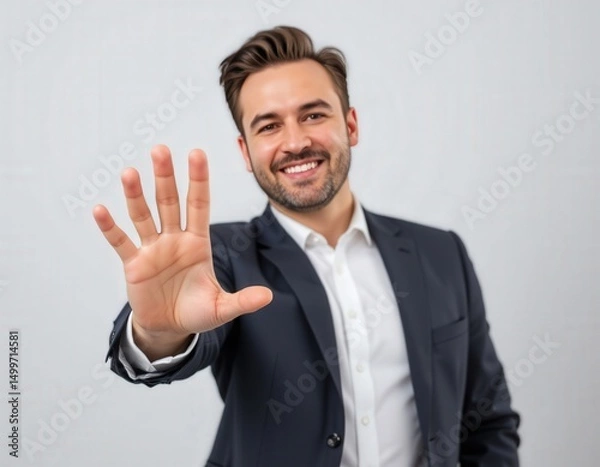 Fototapeta Portrait of businessman on white background. Smiling man in a suit extends hand forward, conveying a welcoming gesture against a neutral background.