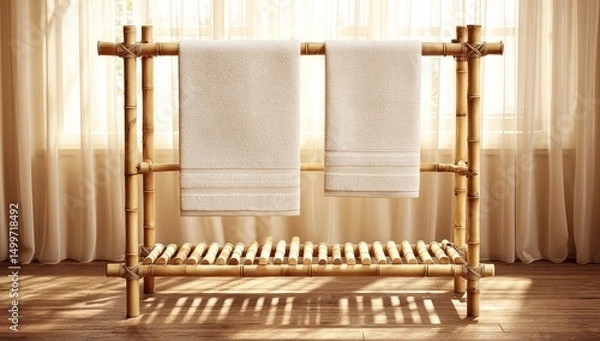 Fototapeta Bamboo towel rack with two towels