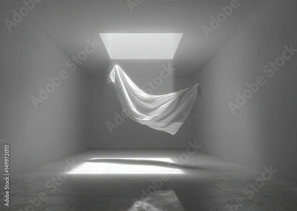 Fototapeta White fabric floats in a minimalist space