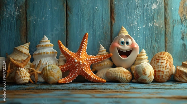 Fototapeta A collection of seashells and starfish, with a cheerful seashell character.
