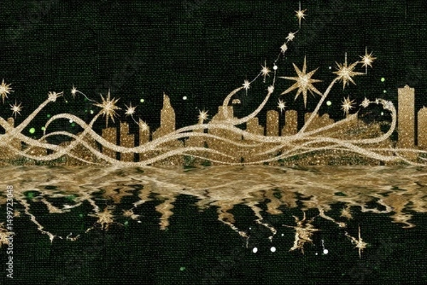 Fototapeta Golden city skyline with sparkling fireworks reflection on dark green background