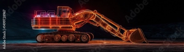 Obraz Nightlit excavator with glowing neon outlines   retrofuturistic industrial style