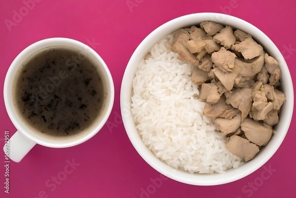 Fototapeta Rice chicken and coffee on pink