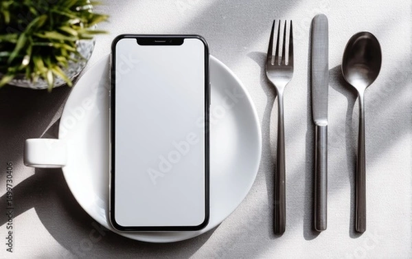 Fototapeta Smartphone on a place setting, ready for use