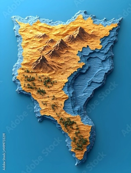 Fototapeta Stylized 3D relief map of an island with mountainous terrain, forests, and coastal features against a blue background
