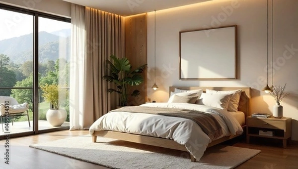 Fototapeta Serene bedroom sanctuary, promoting relaxation and healthy sleep  Soft lighting, calming colors, and cozy textures create a peaceful atmosphere for ultimate wellbeing ,  meditation,  sleep hygiene