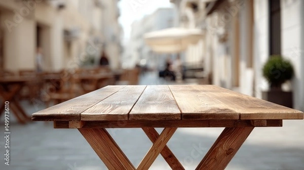 Obraz Wooden table is sitting on a sidewalk in front of a building. The table is empty and the sidewalk is empty